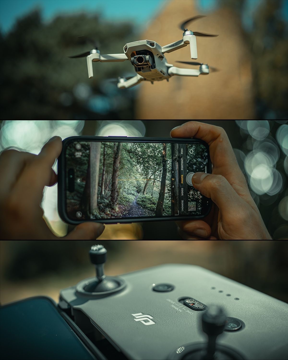 Three-panel drone production shot: cinema drone in flight, phone viewfinder framing a forest scene, and DJI controller ready to capture aerial dealership footage